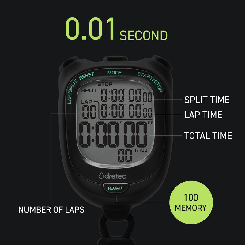 dretec Large Screen, Easy-to-Read Stopwatch, 0.01 Second Unit Measurement, Lap/Split Function, Replaceable Battery, Quiet Study, Black スタンダード(ブラック)