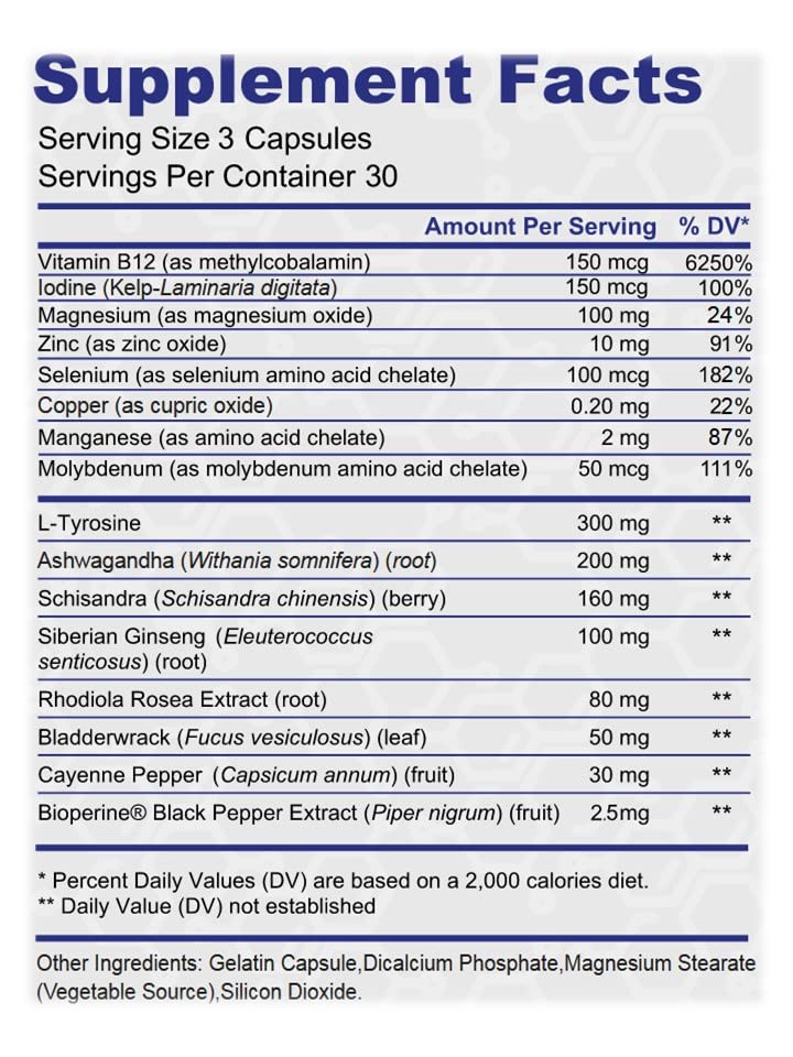 Thyroid Support - Ltyrosine, Iodine, Vitamin B12 Complex, Zinc, Selenium, Ashwagandha, Copper & More 30 Day Supply
