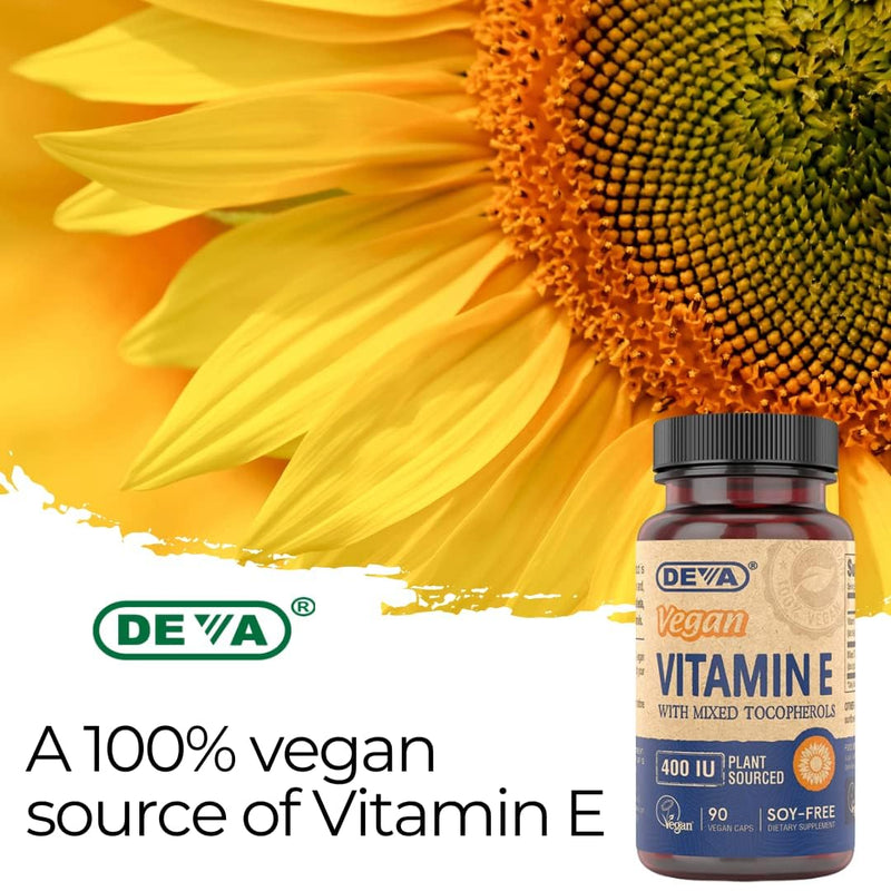 DEVA Vegan Natural Source Vitamin E 400IU with Mixed tocopherols, Soy-Free – 90 Veg Caps (Pack of 2) 90 Count (Pack of 2)