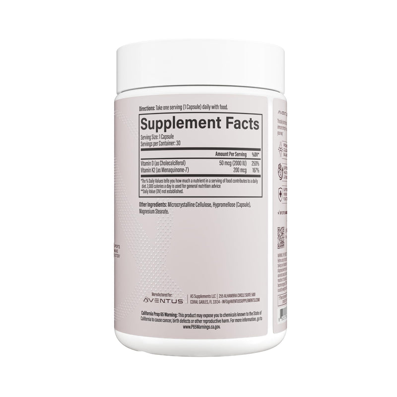 Aventus Women’s Daily Vitamin D3 + K2, 2,000 IU D3 & 100 mcg K2, 60 Vegan Capsules, Supports Bone, Heart & Immune Health