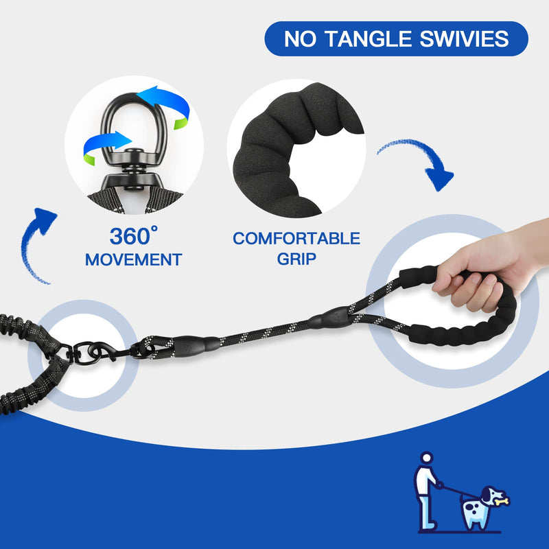 Double Dog Leash, Dual Dog Leash, 360 Swivel Tangle Free Bungee Walking Training Leash for Large Medium Dogs, Shock Absorbing Bungee Reflective Leash for Two Dogs, 18~120 lbs, Black - BeesActive Australia