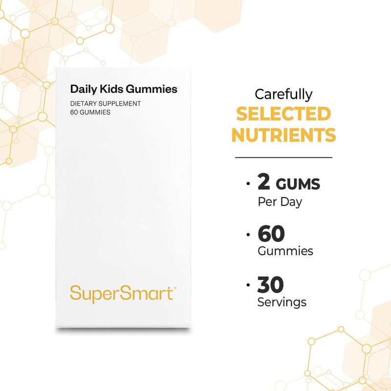 Supersmart Sugar-Free Kids Multivitamin Gummies - Assorted Fruit Flavors for Ages 3+ Toddlers & Kids - with Omega 3 (EPA/DHA), Vitamin D3, C, B, E, K2, Lutein & Zinc | Optimal Doses | 60 Gummies