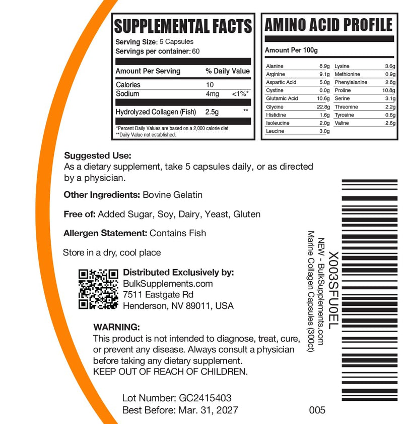 BulkSupplements.com Marine Collagen Capsules - Fish Collagen Supplement, Collagen for Women & Men - Hydrolyzed Collagen, Gluten Free, 5 Capsules per Serving, 300 Capsules (Pack of 1)