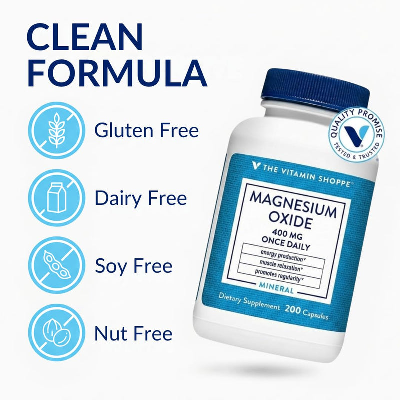 The Vitamin Shoppe Brand Magnesium Oxide 400 mg, Bone Support, 200 Count | Daily Magnesium Mineral for Muscle Relaxation, Bone Health & Energy Production Support for Men & Women, Dairy & Gluten Free