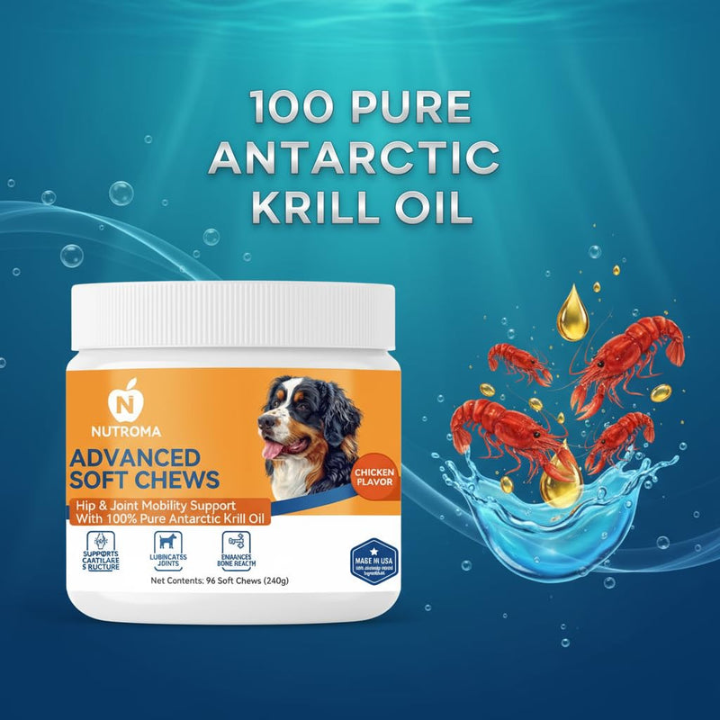 Advanced Soft Chews for Dogs – Hip & Joint Mobility Support with Antarctic Krill Oil, Eggshell Membrane & Hyaluronic Acid – 96 Chews (Chicken) Chicken