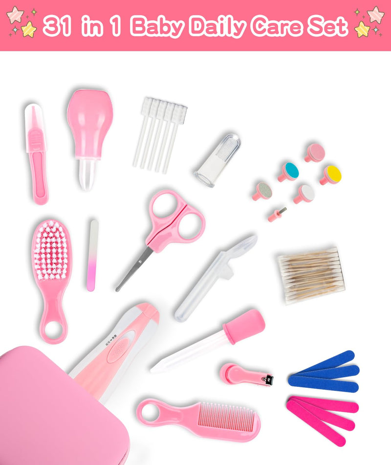 Baby Grooming and Healthcare Kit, Portable Baby Safety Care Set with Hair Brush Comb Nail Clipper Nasal Aspirator for Nursery Newborn Infant Girl Boy (31 in 1, Pink) Pink-31 in 1 - BeesActive Australia