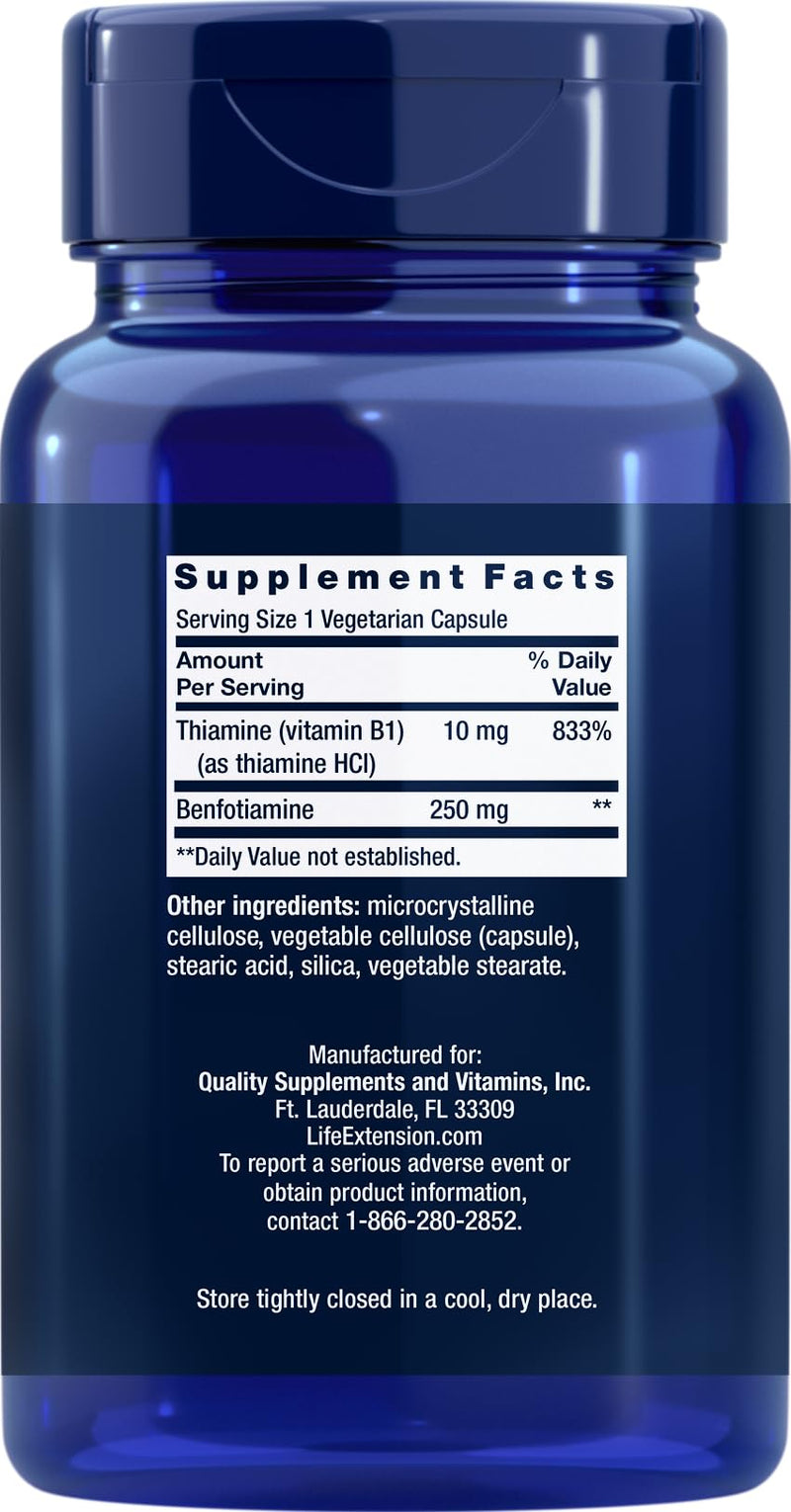 Life Extension Mega Benfotiamine 250 mg, 180 Vegetarian Caps (Pack of 2) | 250 mg of benfotiamine and 10 mg of thiamine (vitamin B1) per capsule. Non-GMO, Gluten Free, Vegetarian. 180 Count (Pack of 2)