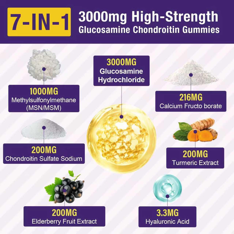 1 Pack 3000MG Glucosamine Chondroitin Gummies with MSM & Elderberry Extra Strength - Joint Support, Antioxidant Immune Support Supplement for Adults, Men & Women - 60 Blueberry Gummies 60 Count (Pack of 1)
