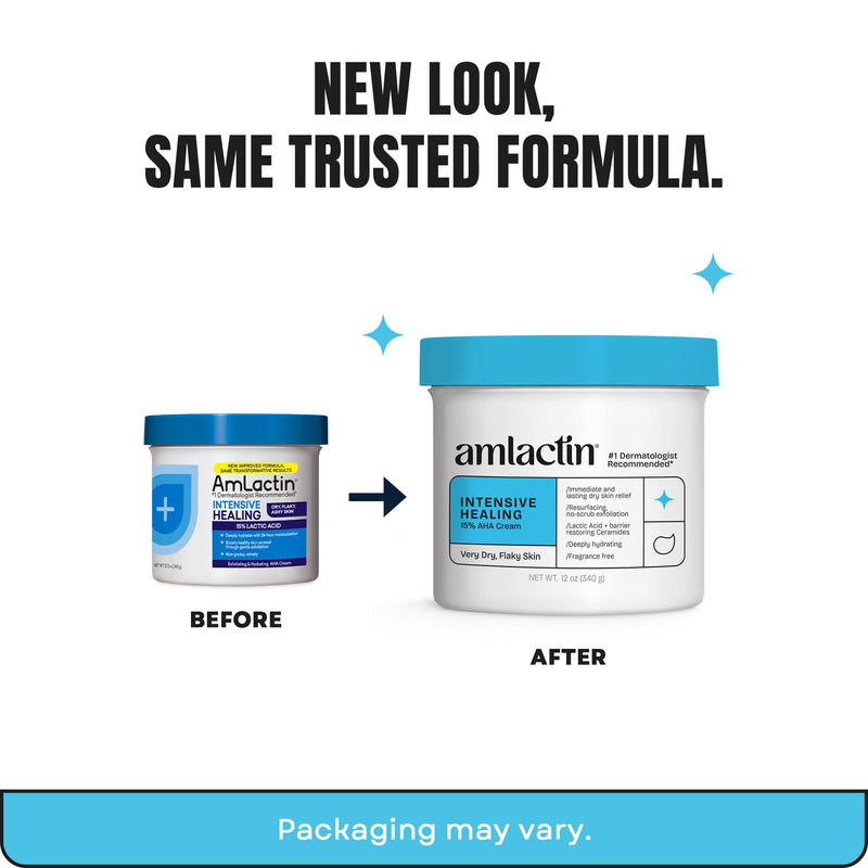 AmLactin Intensive Healing - Therapeutic Body Cream for Extremely Dry Skin - No-Scrub Exfoliator and Body Moisturizer Cream with 15% Lactic Acid AHA and Ceramides, 12 oz (Packaging May Vary) Fragrance free 12 Ounce (Pack of 1)