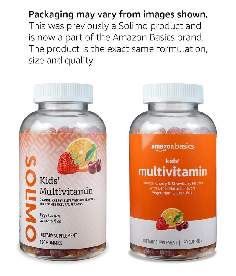 Amazon Basics Kids' Multivitamin, 190 Gummies, Orange, Cherry & Strawberry (Previously Solimo) 190 Count (Pack of 1)