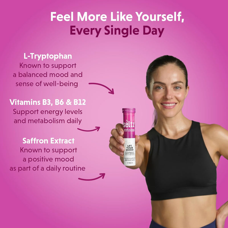 Seltz Mood Support Drink Tablets, Effervescent L-Tryptophan with B Vitamins | Fast Absorption, Easy to Use, Mood Energy Support, No Sugar Added, Drop Fizz and Drink, Supports Hydration, 20 Tablets 1 Pack 20 tablet (Pack of 1)