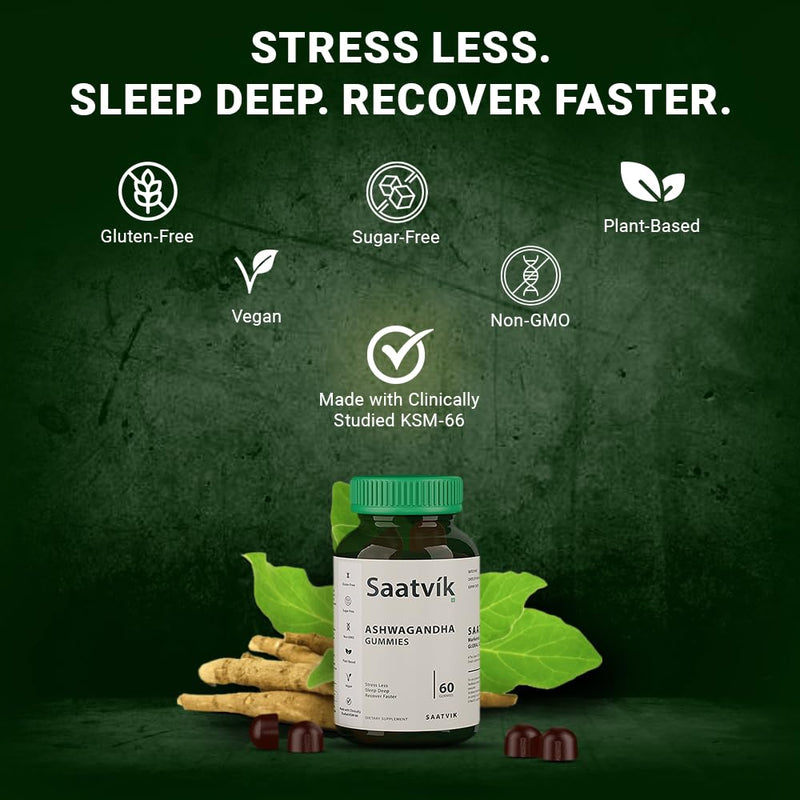 Saatvik Zero Sugar Ashwagandha & Vitamin D Gummy - 60 Count - Mixed Berry, KSM-66, Vegan, Plant Based, Non-GMO, Gluten-Free & Gelatin Free Relax. Restore. Unwind, Pack of 1