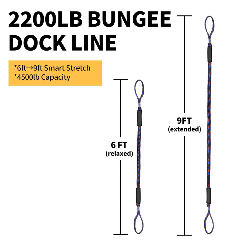 6FT Bungee Dock Line for Boats – Extra-Long Elastic Mooring Rope with Loops – Heavy-Duty Tie-Down for Pontoon, Yacht, Jet Ski (Black/Red/Blue) black, red & blue 6ft