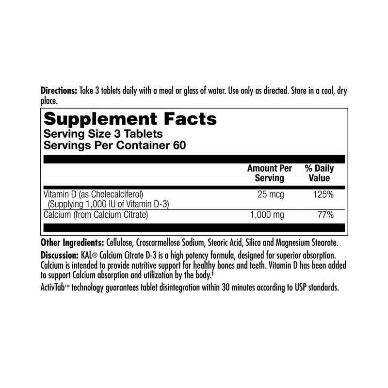 KAL Calcium Citrate Supplement with Vitamin D3 - 1000 IU Vitamin D3, Healthy Bone & Muscle Function Support for Men and Women, Quick Dissolving Tablets - 180 Count Tablets | 1000 IU Vitamin D3, Healthy Bone & Muscle Function Support for Men and Women, ...