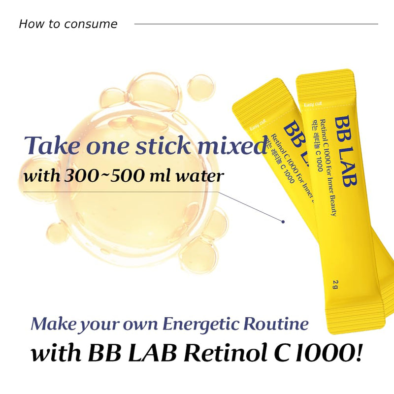 BB LAB Retinol C 1000, Powder Blend with Vitamin C, Retinol, Vitamin E, B5 & Zinc for Radiant Skin, Korea Inner Beauty Supplement for Healthy-Looking Skin