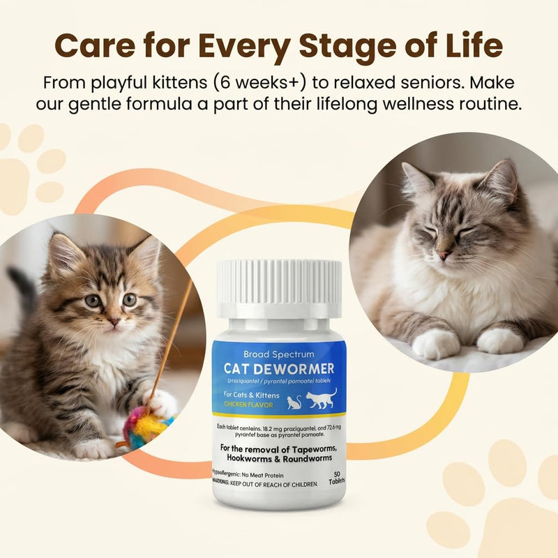 Dewormer for Cat and Kittens, Broad Spectrum Praziquantel & Pyrantel Pamoate Tablet, Removal of Tapeworms, Hookworms & Roundworms, Effective and Fast (50 Tablets)