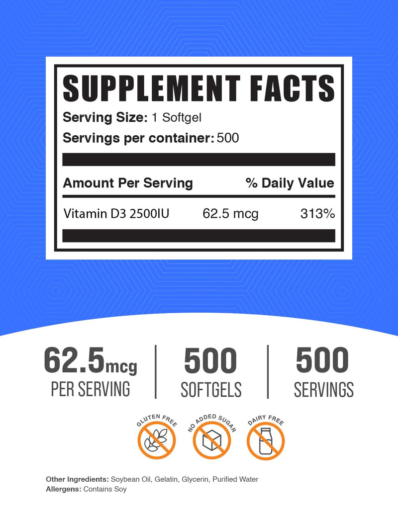 BulkSupplements.com Vitamin D3 2500IU Softgels - Cholecalciferol, D3 Supplement, Vitamin D 2500 IU - 1 Vitamin D3 Softgel (62.5mcg of Vitamin D) per Serving, 500 Count (Pack of 1)