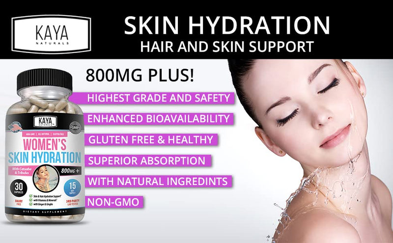 Kaya Naturals Skin Hydration Vitamins - Female Pills - Skin Enhancer Capsules -Hydration Booster for Women - Promotes Increased Energy, Mood & Stamina - Reduction in Dryness - 30 Veggie Capsules