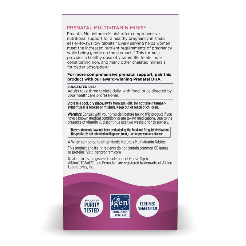 Nordic Naturals Prenatal Multivitamin Mini Tablets, Vegetarian - 90 Count | 22 Essential Nutrients - Folate, Iron, B6, D3. Easy-to-Swallow Mini Tablets. Supports Pregnancy & Baby Development. Non-GMO.