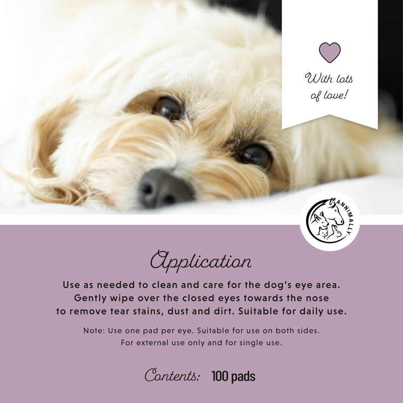 Annimally Eye Pads for Dogs 100 pcs. - With Chamomile & Aloe Vera, Perfume-Free for Cleaning the Eye Area and Removing Tear Stains, Dust & Dirt, Made in Germany