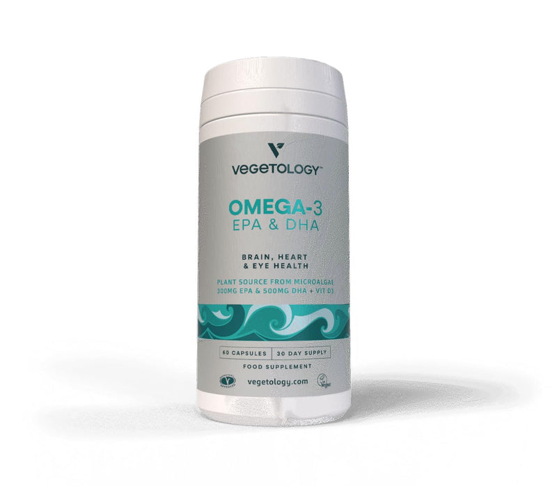 VEGETOLOGY Vegan Omega 3 Supplement (60 Capsules) – Omega-3, EPA, Vitamin D3 & DHA Supplements - Algae Omega 3 Vegan Supplements for Brain, Eye, & Heart Health – Omega 3 for Kids & Adults 60 Count (Pack of 1)