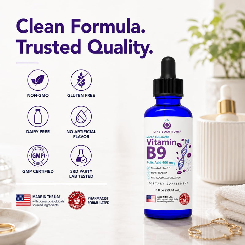 Life Solutions Vitamin B9 Liquid Drops, Folic Acid 400 mcg, 2 fl oz | 400 mcg folic acid per serving in convenient liquid drops with a precision dropper for easy daily use.