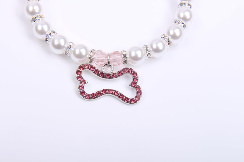 Dog Cat Pearls Necklace Collar with Rhinestones Bone Charm Pendant Pet Puppy Jewelry Accessory (Pink, Small) Pink - BeesActive Australia