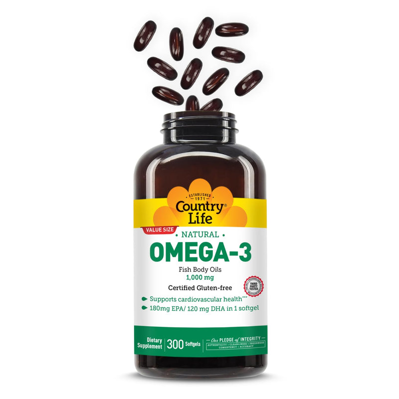 Country Life Omega-3 Fish Oil 1,000 mg, 180 mg EPA/120 mg DHA, 300 Softgels | One daily softgel provides 180 mg EPA and 120 mg DHA to support cardiovascular health. Unflavored 300 Count (Pack of 1)