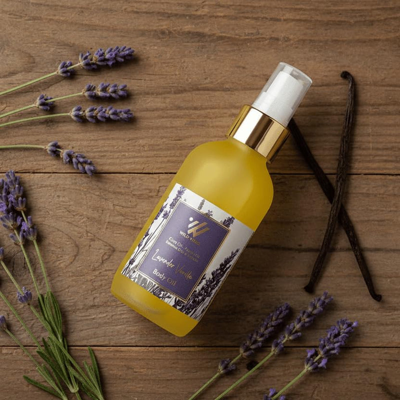 Wild Vibes Lavender Vanilla Body & Massage Oil - Hydrating Jojoba, Papaya and Shea Nut Oils, Vitamin E, Lupine Seed Extract for Collagen Production – Nourishing Oil for All Skin Types 4oz
