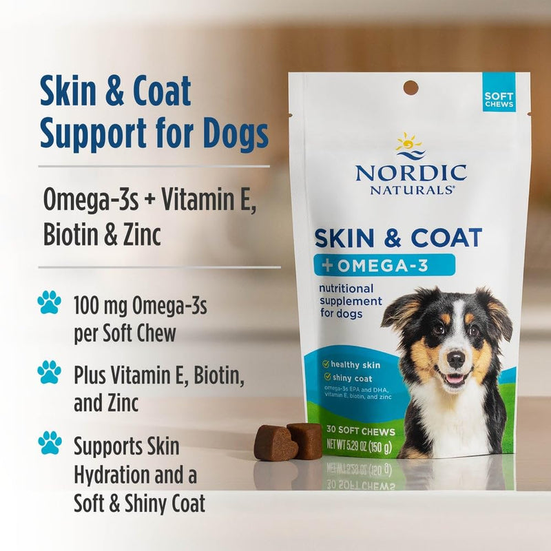 Nordic Naturals Pet Skin & Coat Soft Chews with Omega-3-30 Pork Bone Broth Flavored Soft Chews - Nutritional Support for Healthy Skin & a Soft and Shiny Coat - Non-GMO and IFOS Certified