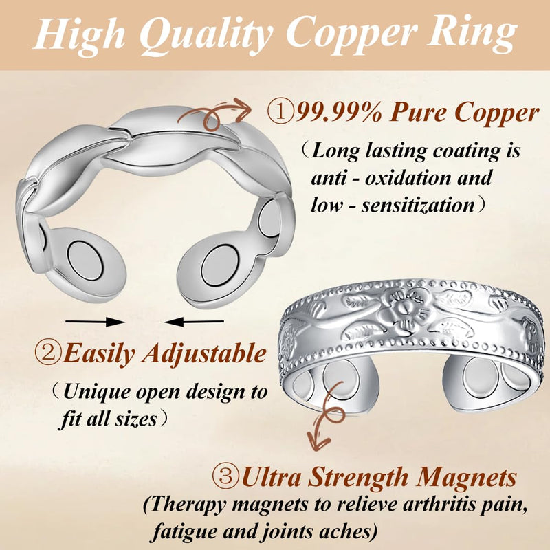 7X Copper Rings for Women 99% Pure Copper Ring Adjustable with Present Box (2PCS) Fishtail & Plum Silver