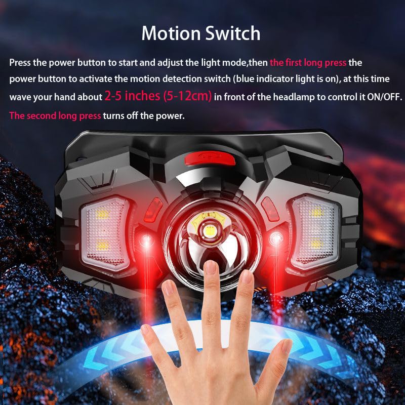 2 Headlamps, White&Red LED Headlamp, 70° Up&Down Adjustable, 4 Clips, Motion Switch, 800 Lumens, 500 Feet Distance and 10 Hours Running Time MAX, IPX5 Waterproof, for Camping, Hiking, Fishing 2 PCS