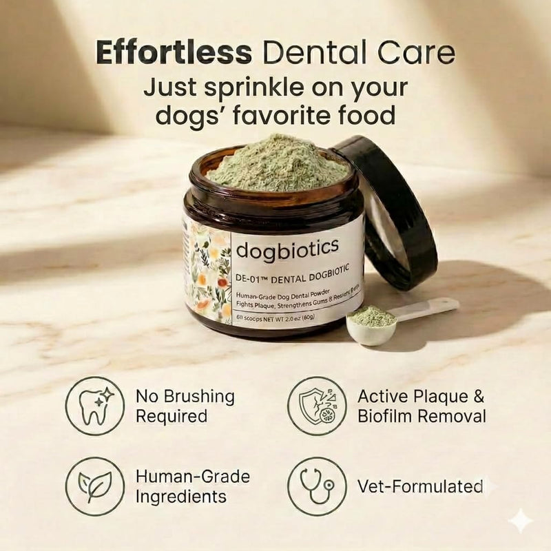 Dogbiotics DE-01 Dental Powder for Dogs – Human-Grade Oral Postbiotic, Helps Fight Plaque & Tartar, Supports Gum Health & Fresh Breath – 60 Scoops (2 oz / 60g) Pack of 1