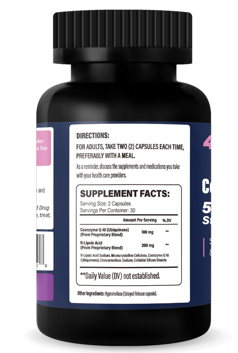 CoQ10 100mg + R-Lipoic Acid 200mg per Serving, 1 Month Supply, Up to 5X Improved Absorption, R-Lipoic Acid/CoQ10 Supplement for Heart Health and Cognitive Health-60 Capsules