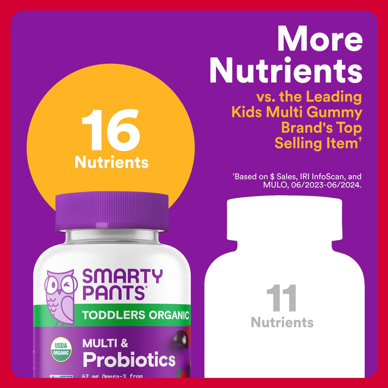SmartyPants Organic Toddler Multivitamin Gummies: Probiotics,Omega 3 (ALA),Vitamin D3,C,Vitamin B12,B6,A,K&Zinc,Beta Carotene,Gluten Free,Three Fruit Flavors, (30 Day Supply),60 Count (Pack of 2) 60 Count (Pack of 2) Organic + Probiotics