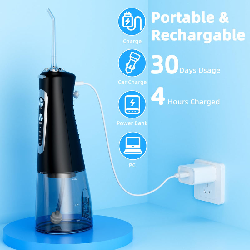 Water Flosser,300ML Water Pulse flossers-5 Modes&6 Replaceable Jet Tips for Teeth Cleaning and Flossing,Rechargeable (Black) Black