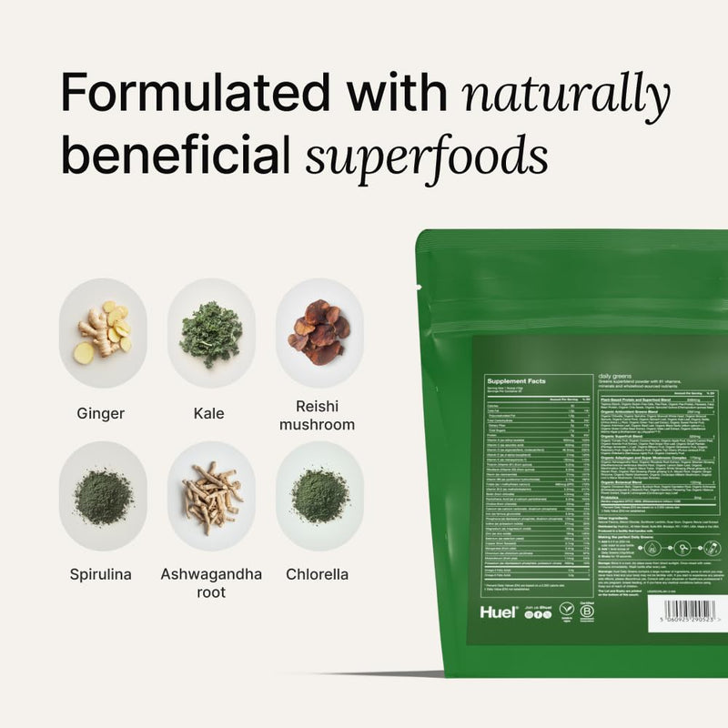 Huel Daily Greens | Superfood Greens Powder | Adaptogens & Probiotics | Original Flavor | 30 Servings | 91 Vitamins, Minerals, and Wholefood-Sourced Ingredients | Adaptogens & Antioxidants 9 Ounce (Pack of 1)