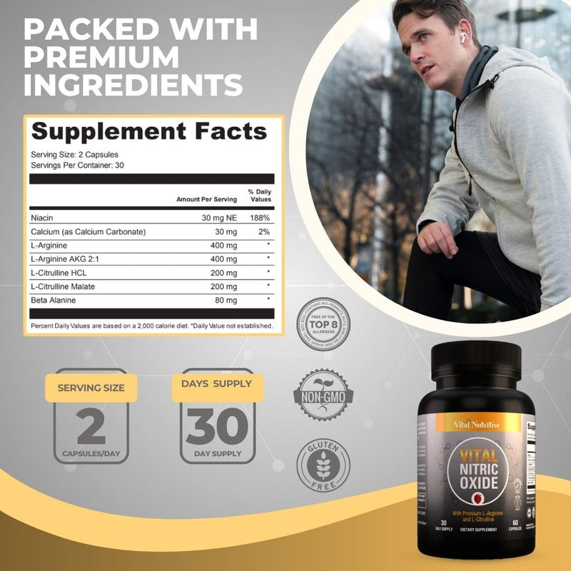 Vital Nitric Oxide Supplements for Men - Workout Booster Supplement for Men - Nitrous Oxide Boost Blood Flow, Blood Pressure, Energy & Workout Performance with L Arginine L Citruline-30 Days Supply 60 Count (Pack of 1)