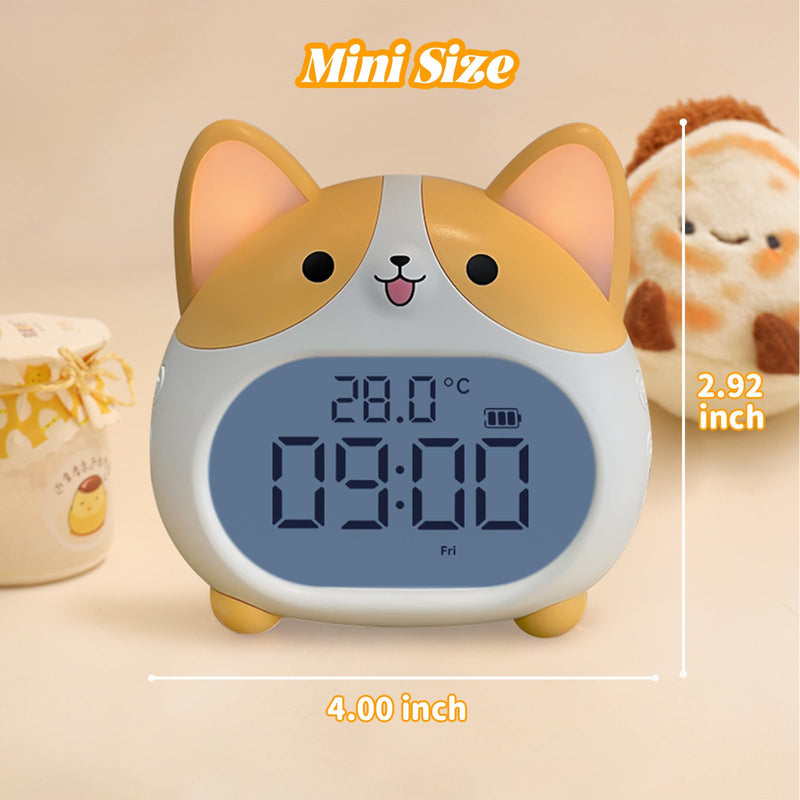 AVEKI Alarm Clocks for Kids - Cute Dog Clock with Night Light, 6 Alarm Tones, Snooze, Timer, Date and Temperature Display - Rechargeable Battery Operated Digital Clocks for Bedroom Kids Room (Corgi) Corgi