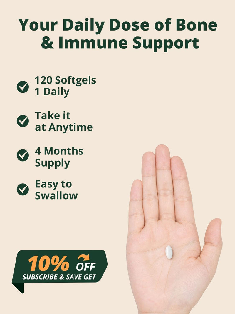 Vitamin D3 K2 5000IU 100mcg MK7, 120 Easy to Swallow Softgels | K2 D3 Vitamin Supplement with Magnesium Glycinate to Support Bone & Heart health, Calcium Absorption, Non-GMO, Gluten Free