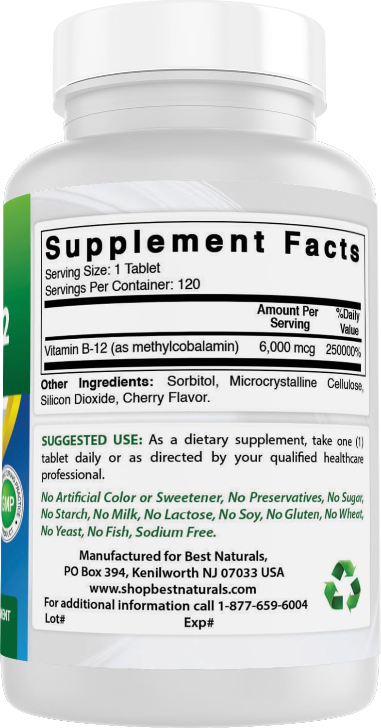 Best Naturals Vitamin B12 6000 mcg 120 Tablets Unflavored 120 Count (Pack of 1)