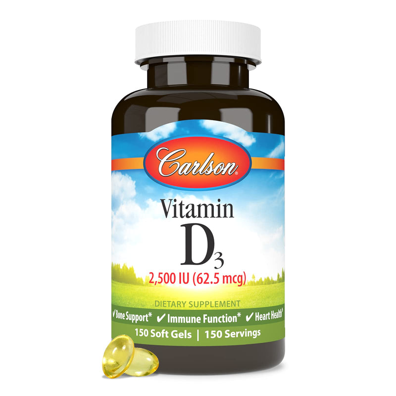 Carlson Vitamin D3, 2500 IU (62.5 mcg), Immune Support, 150 Softgels | Bone Health; Muscle Health; Cholecalciferol; Vitamin D Supplements; Vitamin D3 Soft Gels 150 Count (Pack of 1)