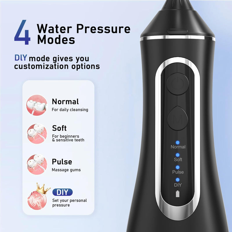 Electric Water Flosser Pick - 320ML Larger Tank 4 Modes Cordless Portable Oral Irrigator,IPX7 Waterproof Dental Flosser,Professional Water Teeth Cleaner Picks for Home Travel (Black) Black
