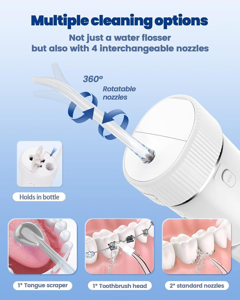 FERRISA Portable Cordless Water Flosser Rechargeable, Detachable Water Tank, Water Dental Flosser with 4 Refill Heads, 4 Modes & Ipx7 Waterproof, Travel Water Flosser for Braces, Teeth Care White