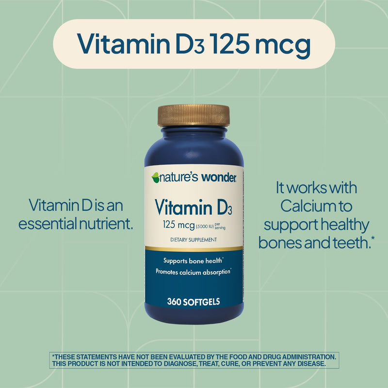 Nature's Wonder Vitamin D3 5000 IU High Potency, Gluten-Free, 360 Softgels | 125mcg, Daily Bone Health, Calcium Absorption & Immune System Support Supplement for Women & Men, Gluten-Free, 1 Year Supply 360 Count (Pack of 1)