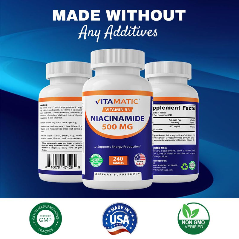 Vitamatic Niacinamide 500 mg 240 Tablets - Flush Free Vitamin B3 - Supports Energy Production (Pack of 2) 240 Count (Pack of 2)