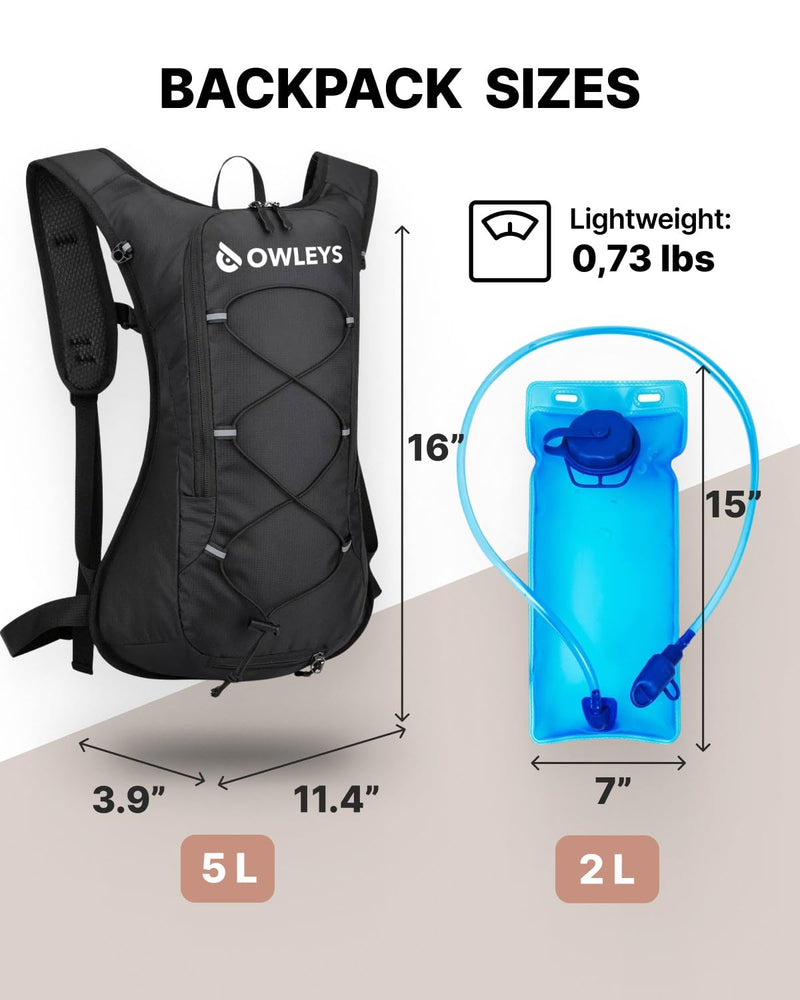 Owleys Hydration Backpack – Lightweight Waterproof Hydration Pack | 2L Water Bladder | Running & Cycling Backpack for Men & Women | Hiking & Festival Essential – Black 1