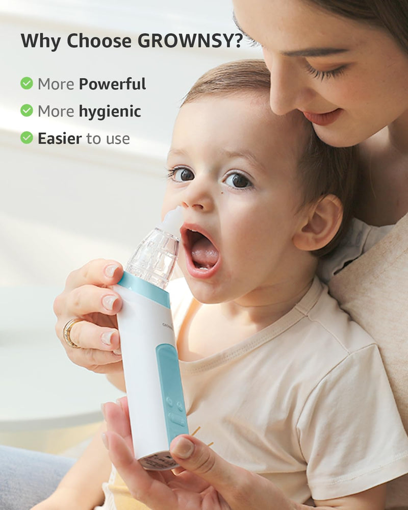 GROWNSY Nasal Aspirator for Baby with Protection Mode, Electric Nose Suction for Baby, Automatic Baby Nose Sucker with 3 Silicone Tips, Adjustable Suction Level, Music and Light Soothing Function Light Blue - BeesActive Australia