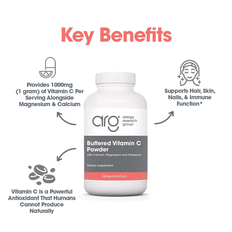 ARG Buffered Vitamin C Powder, Immune Support, 8.5 oz | Ascorbic Acid with Calcium, Magnesium and Potassium for Antioxidant and Immune Support, Non-GMO and Gluten-Free, 102 Servings