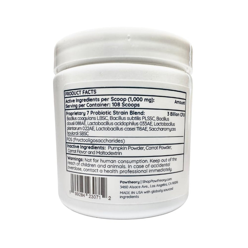 Apawthecary Probiotic and Prebiotic Supplement for Cats, 7 Strain Blend, 3 Billion CFU, Natural Pumpkin Carrot Flavor, Gut Health Support, 3.8 oz Powder with Measuring Scoop